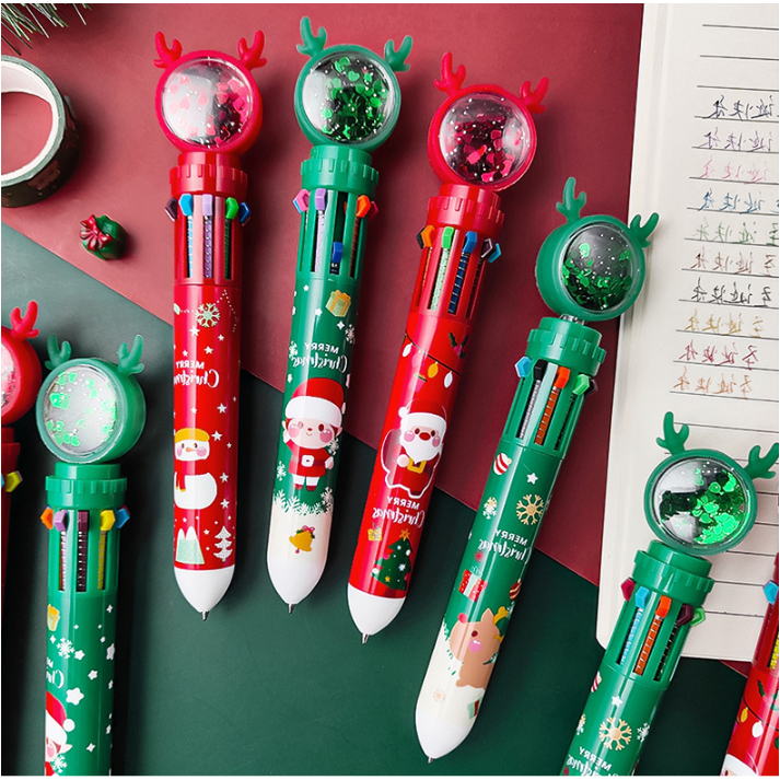 聖誕兒童 學生 亮片 10色 按動原子筆 聖誕老人 十色筆彩色 原子筆 耶誕節 獎品禮物