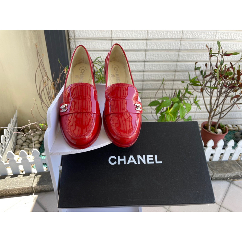 香奈兒 Chanel vintage 書包鈕扣漆皮樂福鞋 mocassins loafers-紅色