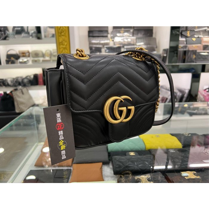 東區正精品㊣GUCCI 739682 GG Marmont 全新黑色全皮W紋金釦鍊帶斜背包側背包 RZ4067