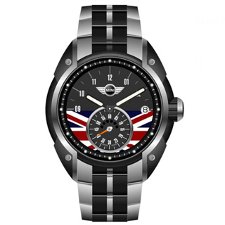 MINI SWISS WATCHES 石英錶 45mm 黑底英倫旗單眼錶面 不鏽鋼錶帶-銀色
