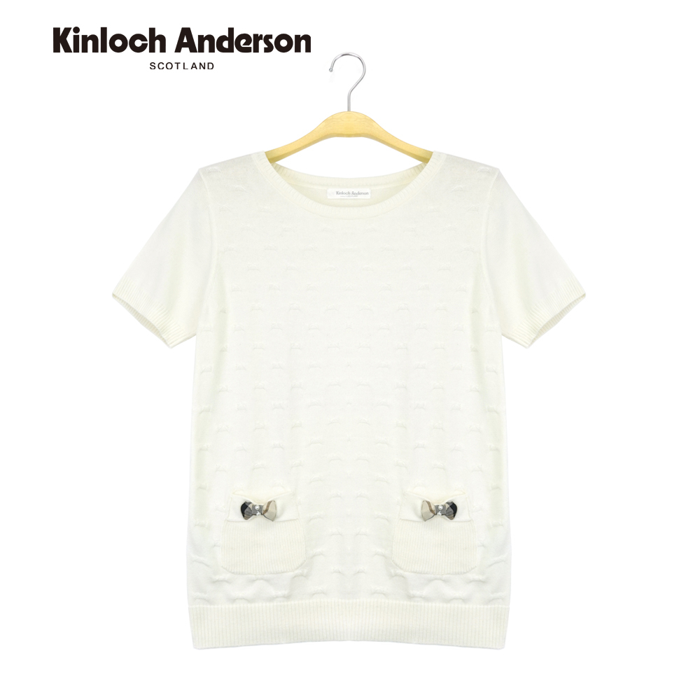 【金安德森女裝】 圓領針織上衣 輕甜網格前貼袋蝴蝶結T恤 白 KA0759010 Kinloch Anderson