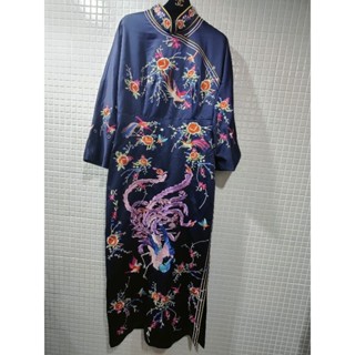 復古風/深藍色/重工刺繡/鳳凰喜鵲花朵/民國旗袍/洋裝(近全新）/Size:XL/質感很好/宮廷風/妃子/ 適宴會禮服