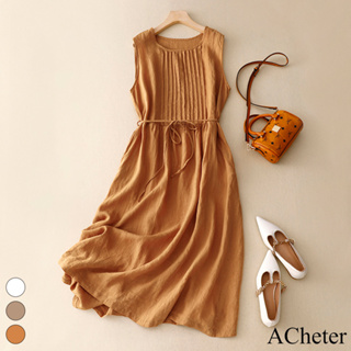【ACheter】復古文藝圓領無袖棉麻寬鬆顯瘦中長款連身裙背心洋裝117820