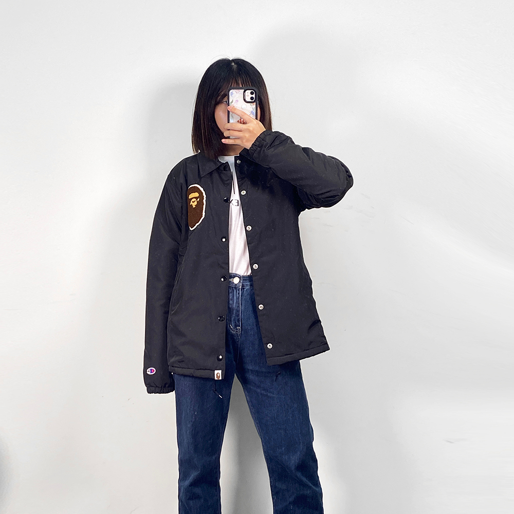 BAPE x Champion聯名款 保暖羊毛內襯 防風夾克外套 女款外套 教練外套(黑)