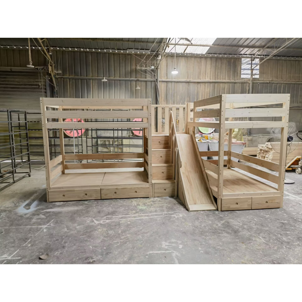 全實木上下床耐重800公斤設計師床上下雙層床2組 共用樓梯櫃溜滑梯可拆2床多用途設計