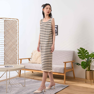 【ERSS】夏日涼涼針織條紋洋裝-女 米白 S90035