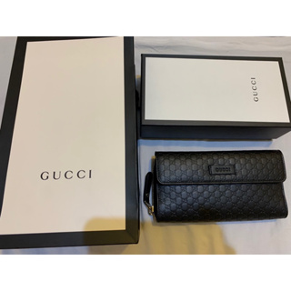 【已售出】包況超好/附購買證明正本/Gucci Guccissima雙G迷你LOGO牛皮14卡釦式拉鍊長夾-黑色