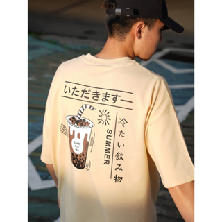 【五隻貓軍團】珍珠奶茶T 潮流 日系 短袖T恤 男生 大尺碼 情侶 五分袖 短T男 釣魚熊