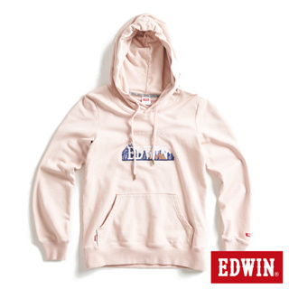 EDWIN 露營系列 富士山刺繡LOGO連帽長袖T恤(淺粉紅)-女款