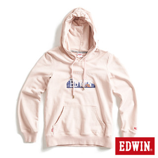 EDWIN 女款 露營系列 富士山刺繡LOGO連帽長袖T恤(淺粉紅)