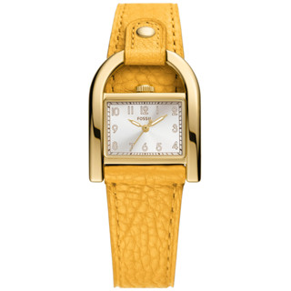 FOSSIL / Harwell 復古方型 優雅迷人 數字刻度 真皮手錶 白x金框x黃 / ES5281 /28mm