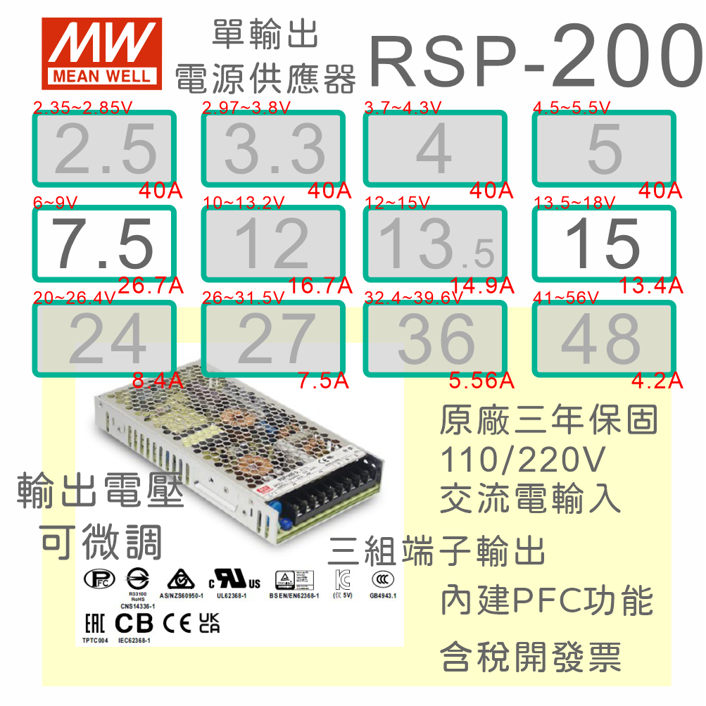 【保固附發票】MW明緯PFC 200W長壽命電源RSP-200-7.5 7.5V 15 15V 變壓器 交流轉直流