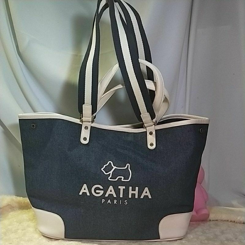 品牌 Agatha 手提肩背兩用托特包(白藍），大容量防潑水耐污材質，厚牛仔帆布配白色皮革，可愛大方外型高雅脫俗
