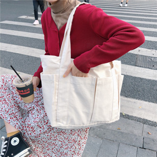 臺灣現貨 大容量 多口袋帆布包 上課裝書購物都可 帆布袋 無印風 加厚帆布 托特包 G209