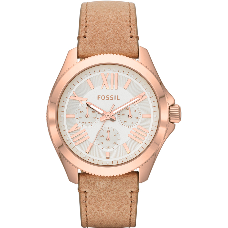 FOSSIL 時髦復古三眼 奶茶色皮革女錶 AM4532