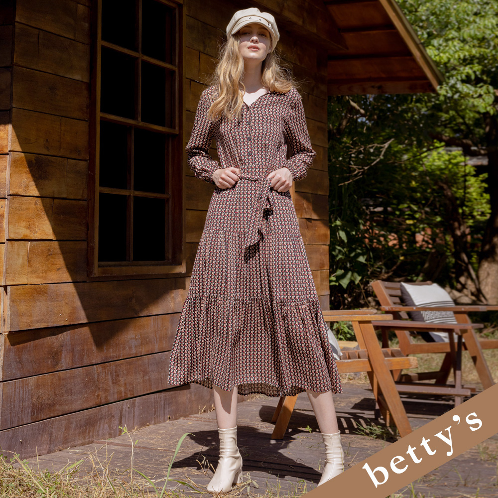 betty’s貝蒂思(25)幾何翻領半開襟腰帶蛋糕洋裝(黑色)
