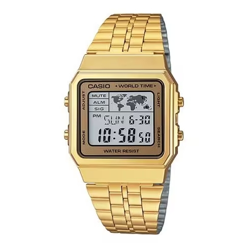 CASIO 復刻方形 全球地圖 K金色電子錶 A500WGA-9DF