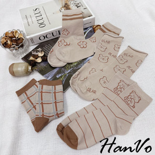 【HanVo】核桃咖啡熊熊中筒襪 透氣吸濕排汗 韓系簡約百搭舒適棉質襪 韓國潮流時尚休閒襪 女生配件 A12-6260