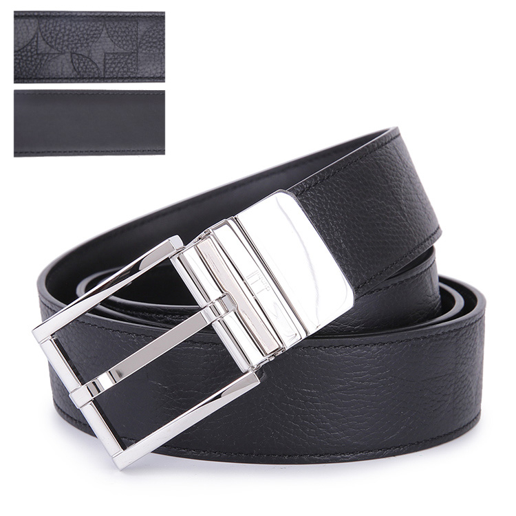dunhill金屬銀釦壓紋皮革雙面用針扣式皮帶(黑色)250591