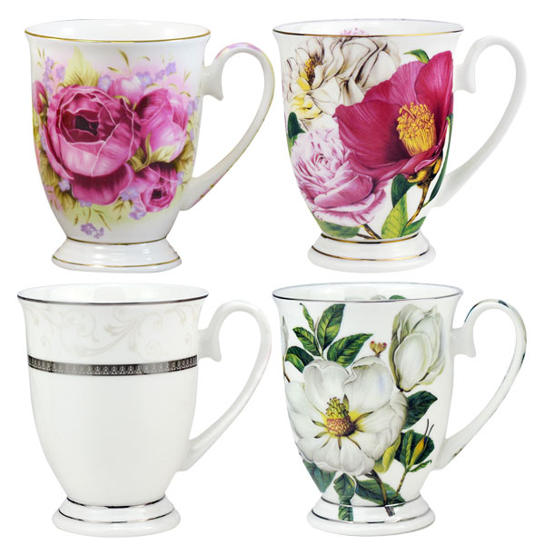 【堯峰】骨瓷V型 馬克杯 花卉系列 單入 | 白山茶 玫瑰 芍藥 白金 輕量杯