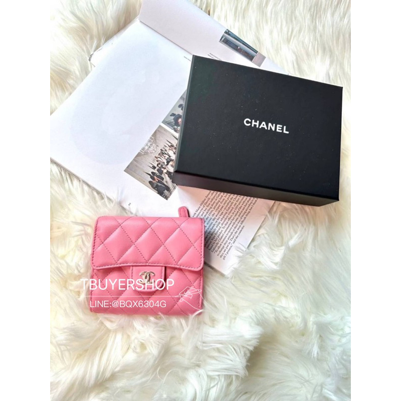 台灣現貨🌟 Chanel cf 粉色淡金 羊皮 三折短夾