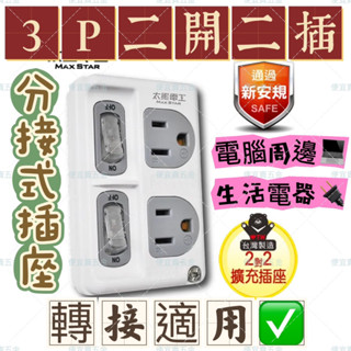 太星電工 AE3322 真安全 3P二開二插分接式插座 2開2插 開關插座 透過BSMI商檢局驗證 字號R41087