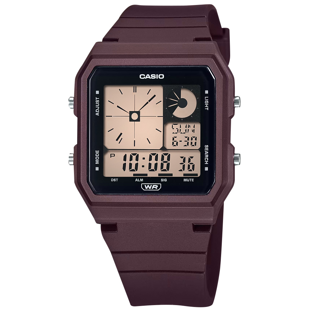 CASIO 卡西歐 / 復古方形 雙顯 電子數位 橡膠手錶 深咖啡色 / LF-20W-5A / 33mm