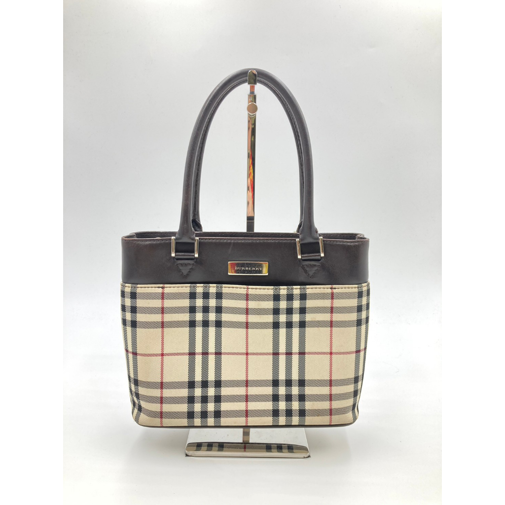 [二手] Burberry 格紋手提包 皮革帆布米色棕色迷你手提包 13820