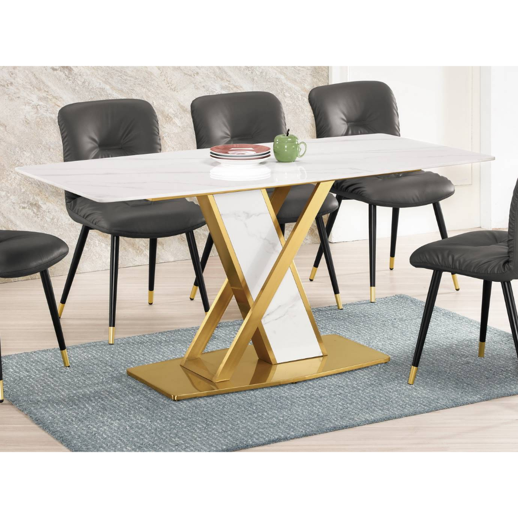 【萊夫家居】CM-566-2：奢華風5.3尺岩板餐桌【台中家具】岩板桌 金色餐桌 桌子 白鐵 耐熱岩板+不鏽鋼