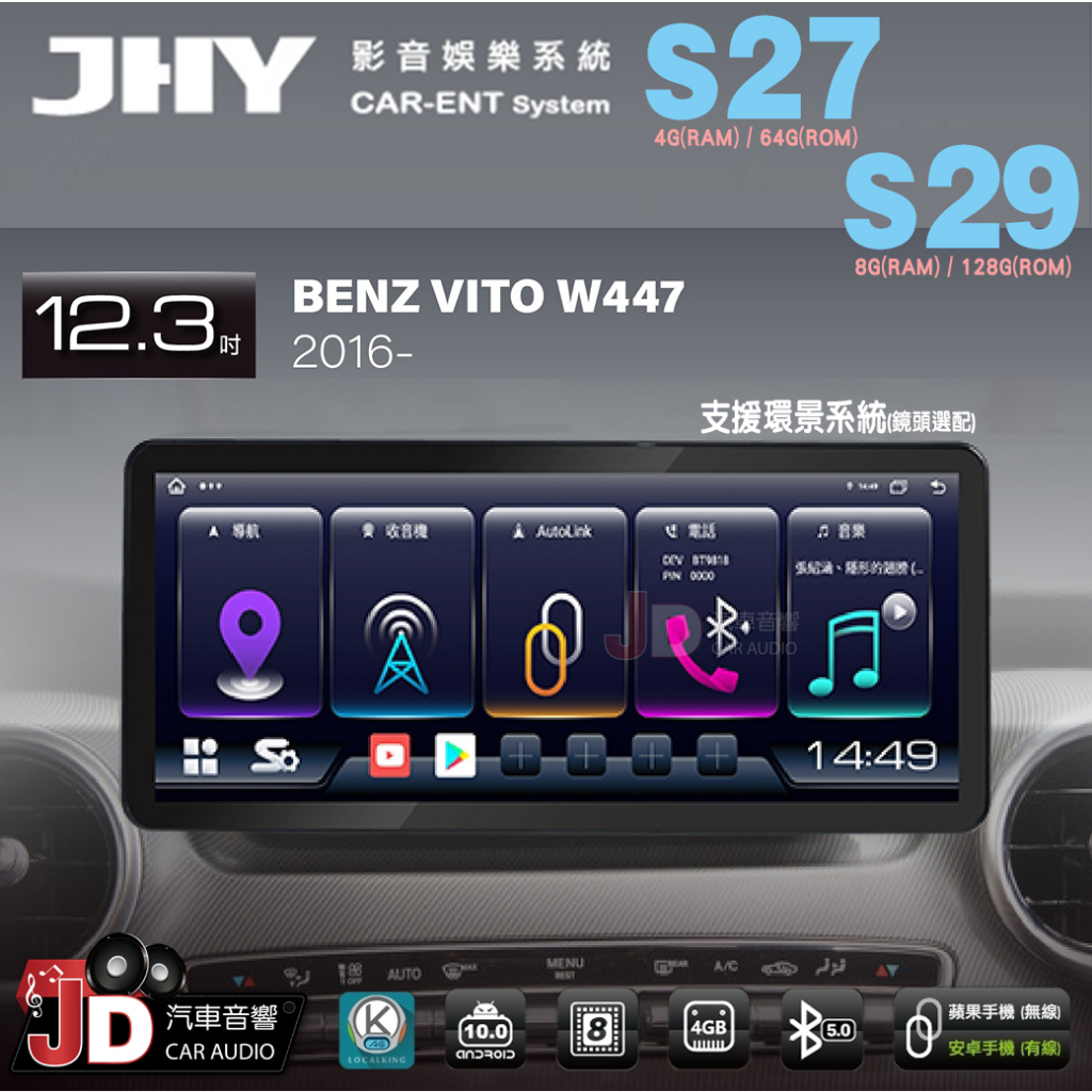【JD汽車音響】JHY S27、S29 BENZ VITO W447 2016 12.3吋大螢幕安卓多媒體專用主機