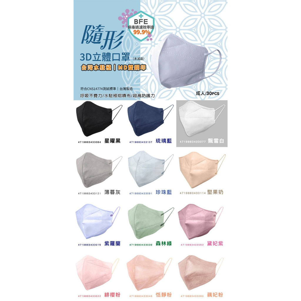🤘台灣製 舒膚康 隨形單色系列 (無鼻壓條/30入/盒)  成人3D立體醫用口罩