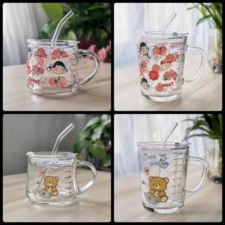 刻度杯子 刻度玻璃杯 吸管牛奶早餐杯 甜品杯可愛印花刻度杯子 玻璃杯 兒童水杯 玻璃杯子 玻璃牛奶杯 兒童馬克杯 耐熱