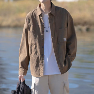 春秋季韓版純棉長袖工裝襯衫男 港風襯衣潮流外套 大口袋工裝襯衣 休閒工裝長袖襯衫 男生上衣『癮品流行』
