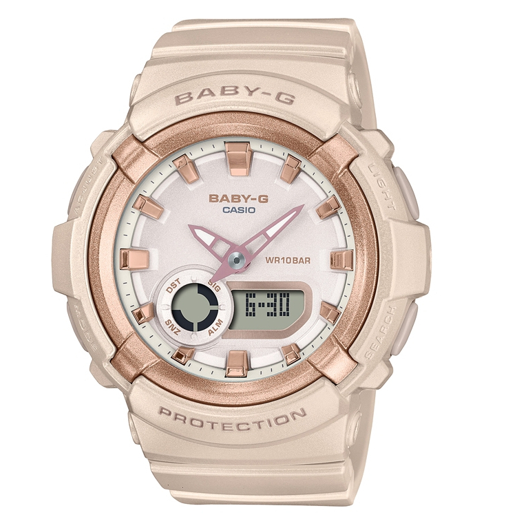 CASIO卡西歐 BABY-G 俐落簡約 優雅杏 珍珠光感錶圈 雙顯系列 BGA-280BA-4A_43.4mm