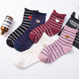 【日光手感】日系捲捲邊愛心條紋中筒襪(5色)S146 愛心襪子 中筒襪 棉襪 女襪