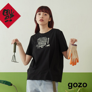 【gozo】➤手繪古早味餐車下擺收邊T恤(黑色/白色_M/L) | 女裝 圓領 休閒