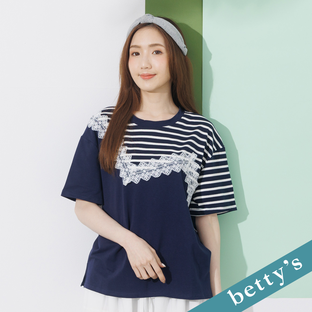 betty’s貝蒂思(21)拼接條紋蕾絲開衩上衣(深藍色)