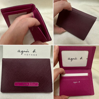 全新 agnes b 酒紅色 桃紅色 鐵牌 照片層 防刮 牛皮 名片夾 卡夾 卡片包 正品 薄型 撞色 雙色 日本限定