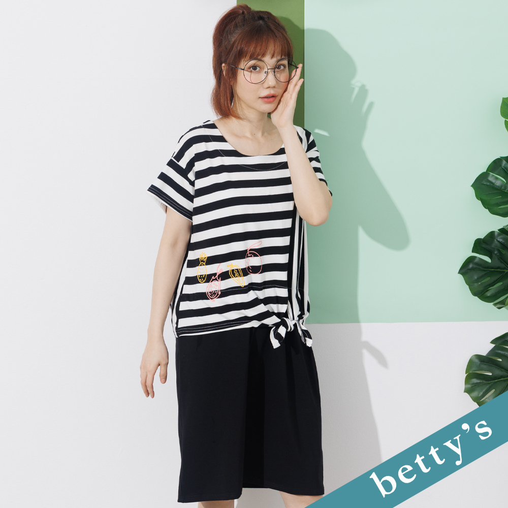 betty’s貝蒂思(21)條紋拼接水果印花洋裝(黑色)