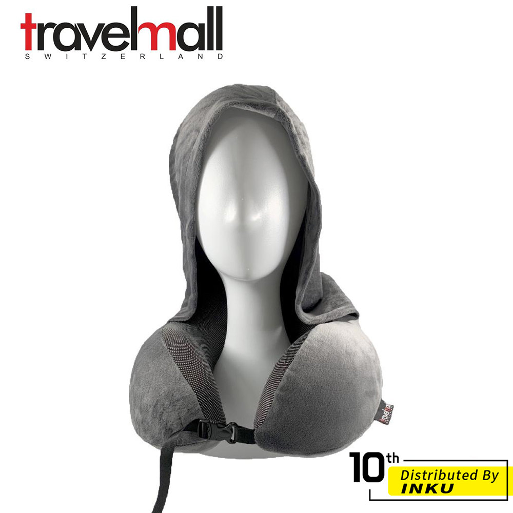 Travelmall 舒適記憶旅行連帽頸枕 灰 可拆洗式外襯 可折疊 U型帽 卡扣 便攜 舒適 靠墊 趴枕 簡約設計