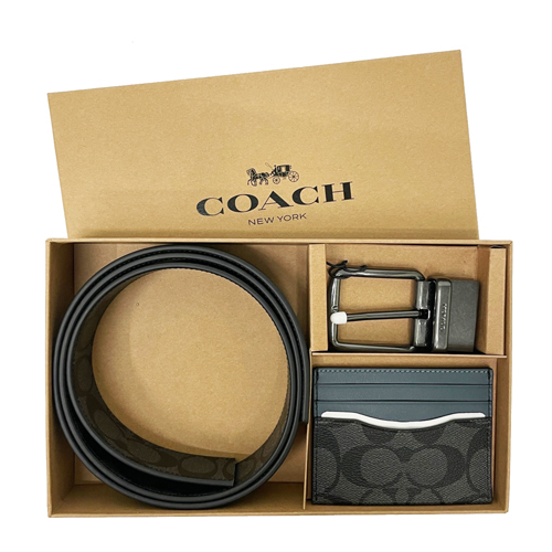 【COACH】C LOGO雙面用男款寬版皮帶名片卡夾禮盒(黑灰/灰藍)