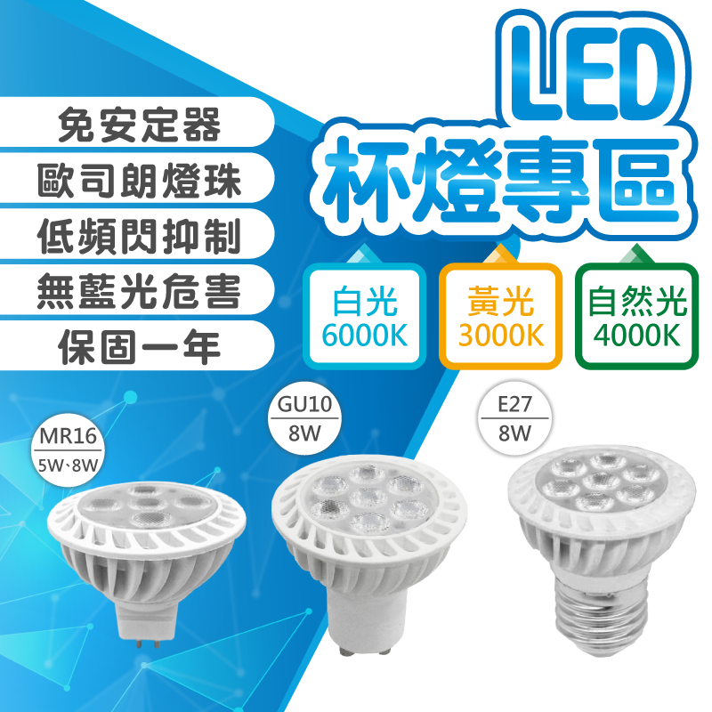 『亮亮燈飾』LED杯燈/E27/GU10/MR16/免安定器/8W/7W/5W/COB/無藍光危害/低頻閃抑制/節能省電