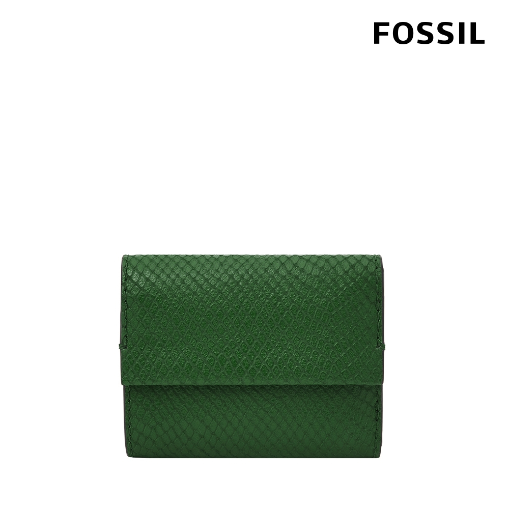 FOSSIL Penrose 真皮扣式零錢袋短夾-綠色蛇紋 SL8275310