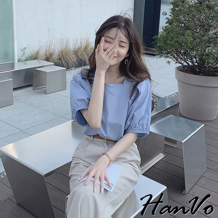 【HanVo】法式氣質方領親膚透氣短袖上衣 復古氣質短袖上衣 韓國女裝 女生衣著 0021