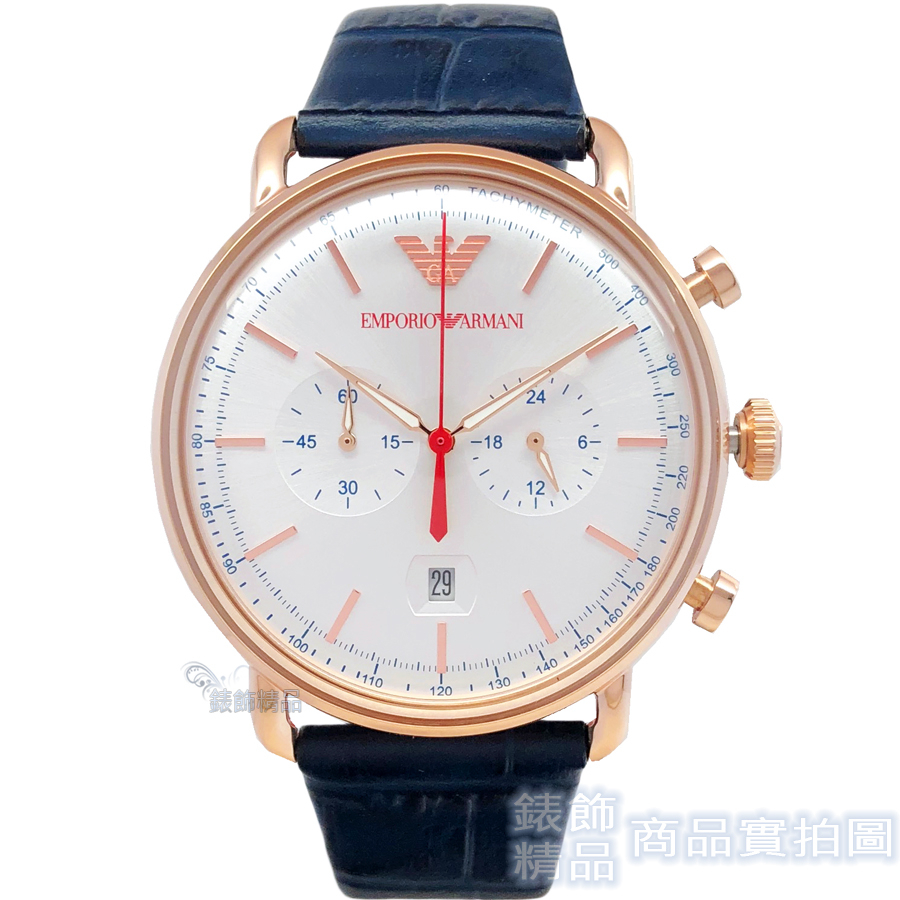 Emporio Armani 腕錶 AR11123 亞曼尼 日期 雙眼計時 玫金框深藍皮帶 男錶
