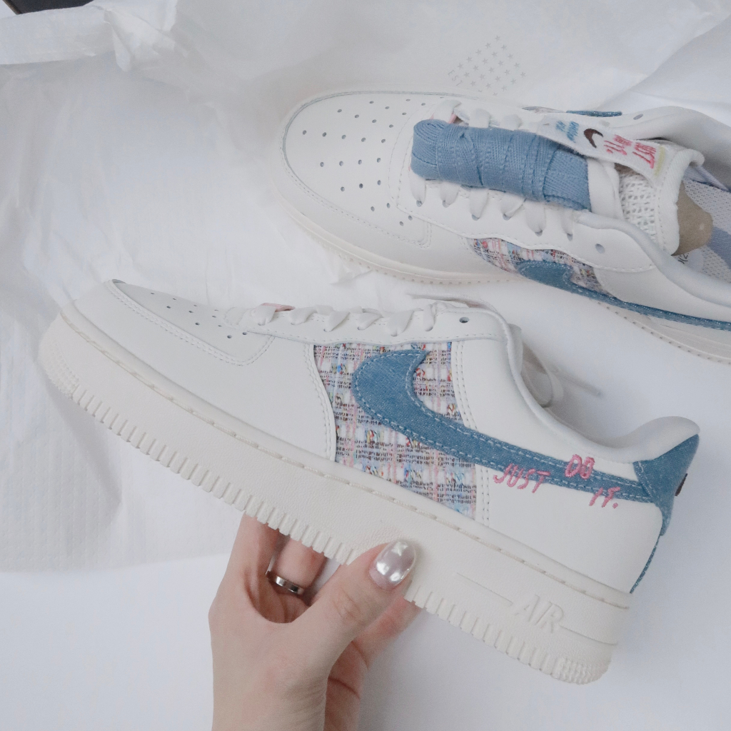 ☆小B之都☆ NIKE AIR FORCE 1 DENIM BLUE FJ7740-141 小香風 牛仔藍 編織 粉藍