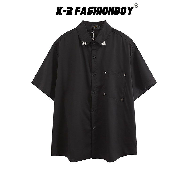 【K-2】素色 短袖襯衫 蝴蝶 金屬 領口 設計 質感滿分 口袋設計 薄襯衫 夏日穿搭 五分袖【A653】
