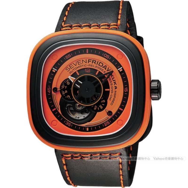 （二手99%新）正品-SEVENFRIDAY P1-3 解構世界自動上鍊機械錶-橘x黑/47.5mm