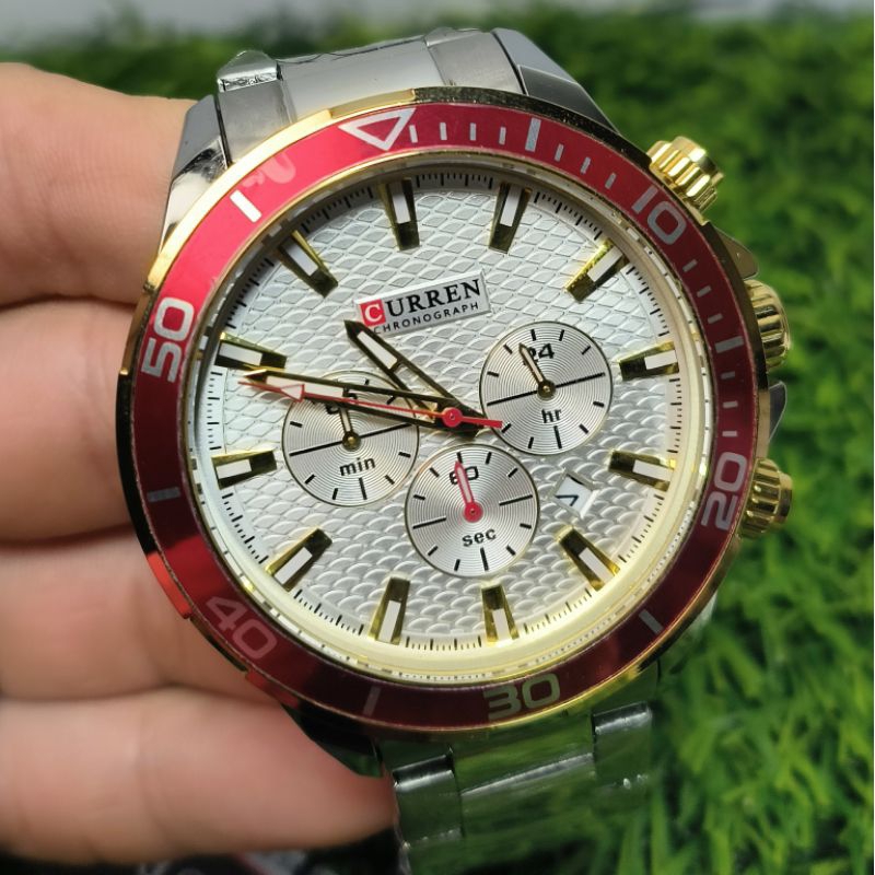 德國瑞士CURREN卡瑞恩  2023最新款時尚扇形紋真三眼計時鋼帶手錶