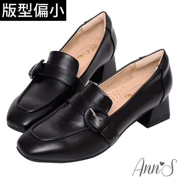 Ann’S知性氣息-半月型包釦帶方頭粗跟樂福鞋4cm -黑(版型偏小)